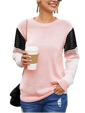 koitmy Women's Cute Contrast Sleeve Knitted Pullover Sweater Pink Sz M